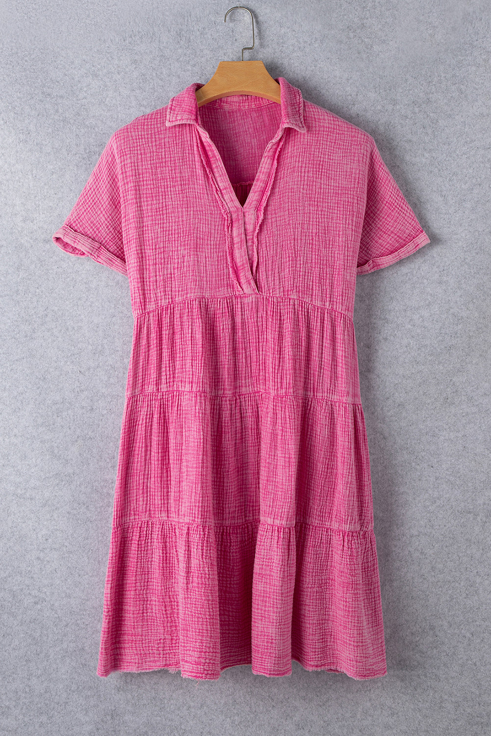 Strawberry Pink Mineral Wash Crinkle Split Neck Raw Hem Tiered Dress