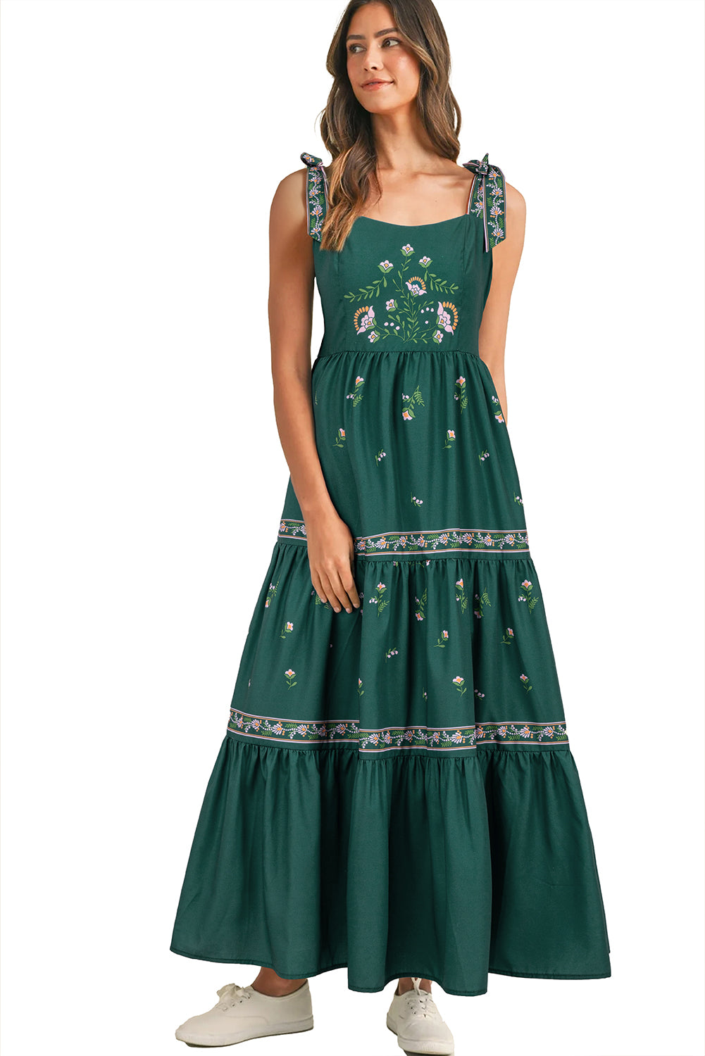 Blackish Green Floral Smocked Back Tied Straps Tiered Maxi Dress