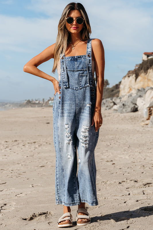 Stone Blue Distressed Bib Pocket Wide Leg Denim Overall