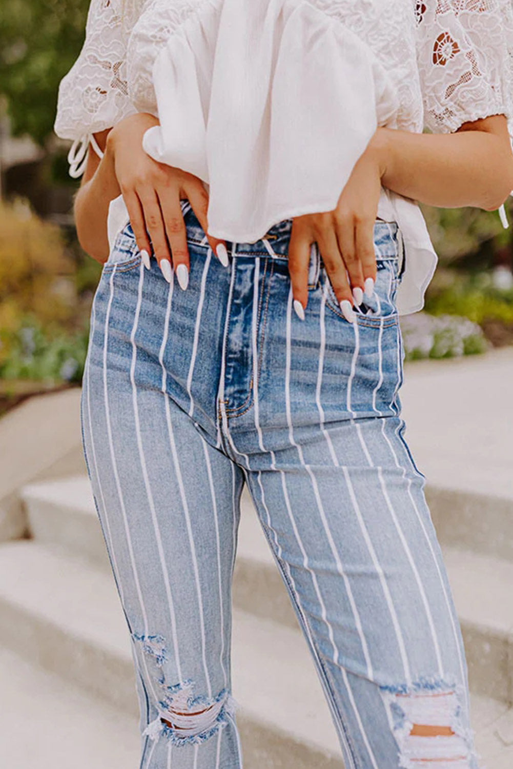 Sky Blue Vertical Striped Ripped Flare Jeans