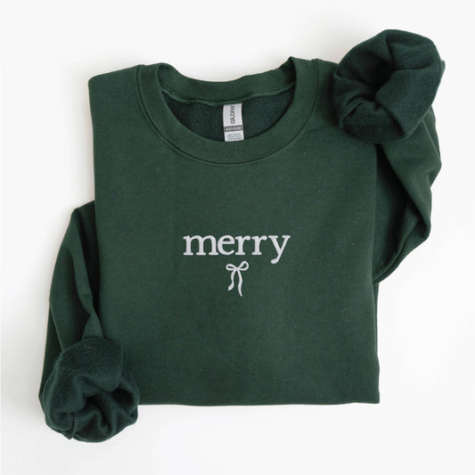 Embroidered Christmas Sweatshirt Holiday Crewneck Merry Bow: Forest Green / Medium