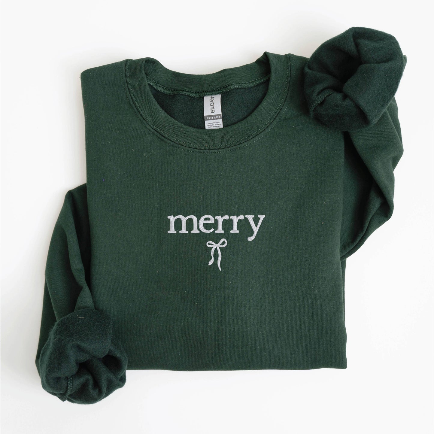 Embroidered Christmas Sweatshirt Holiday Crewneck Merry Bow: Red / 2XL