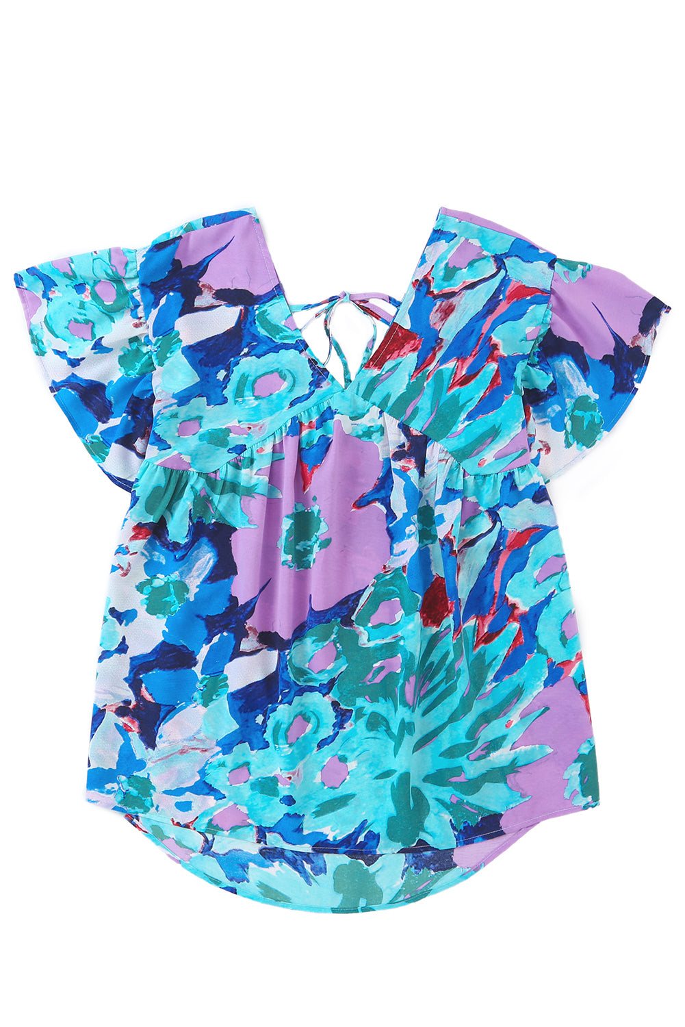 Sky Blue Abstract Print V Neck Flutter Sleeve Blouse