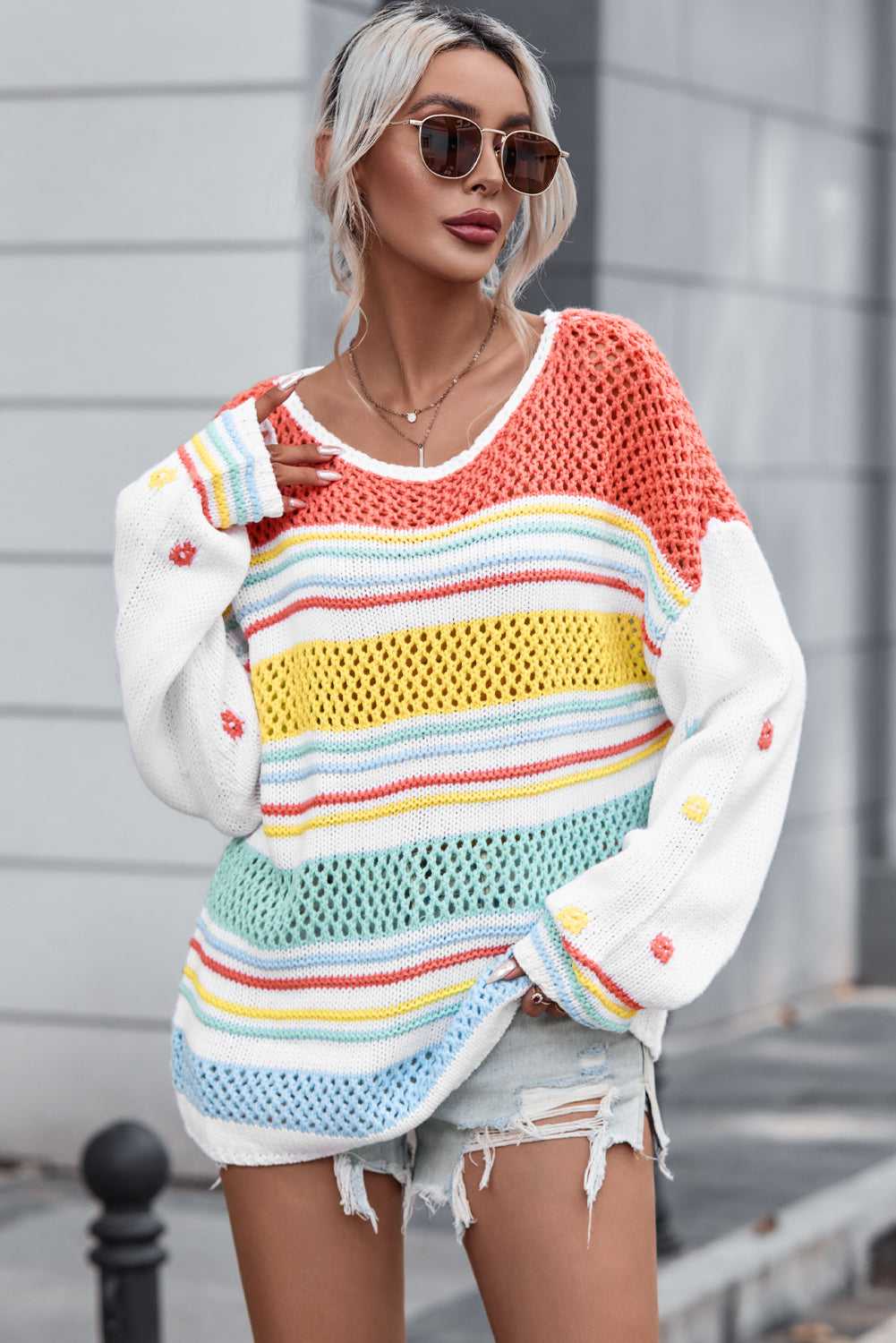 Multicolor Hollow Striped Knit Contrast Sleeve Sweater