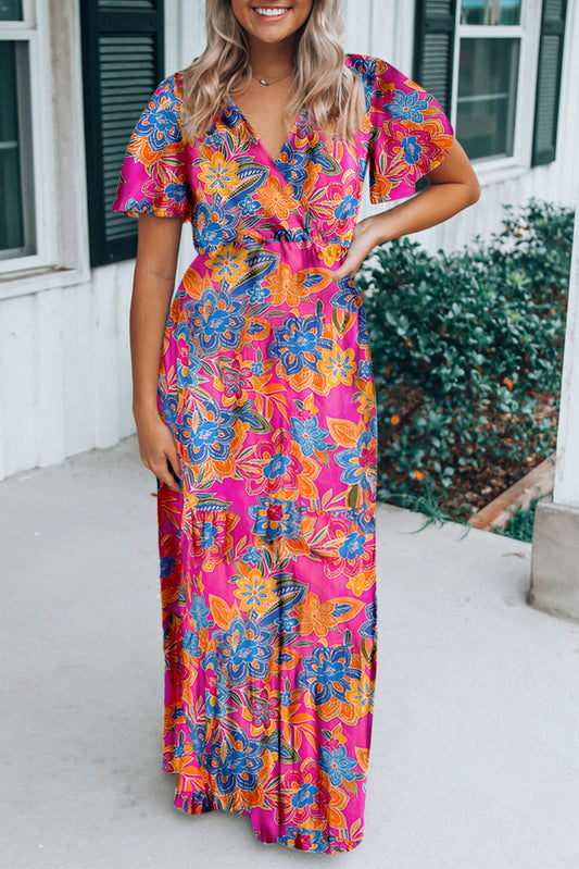 Rose Wrap V Neck Floral Maxi Dress