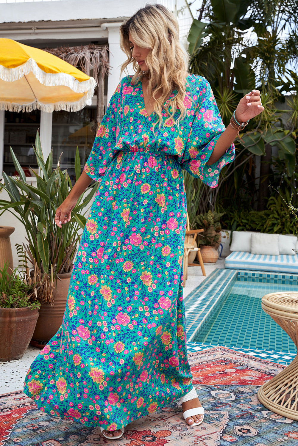 Green Boho Deep V Neck Floral Maxi Dress