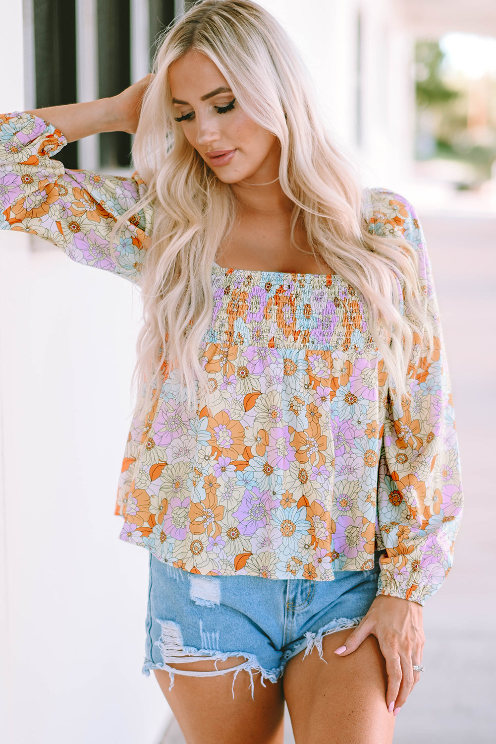 Multicolor Floral Square Neck Puff Sleeve Babydoll Blouse