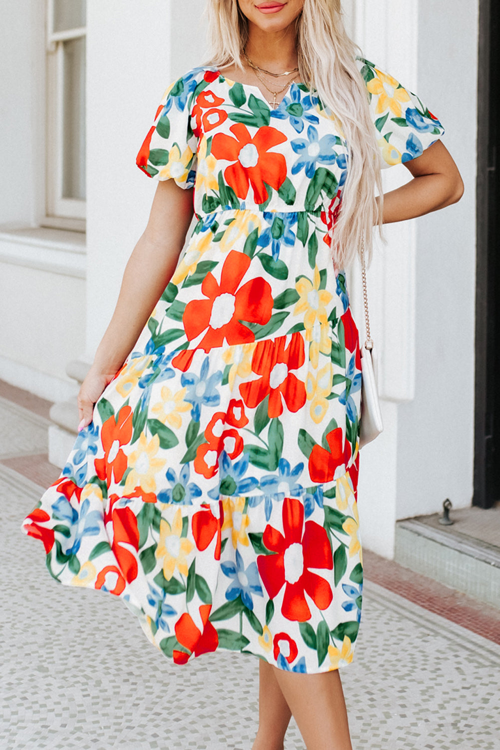 Multicolor Notch Neckline Bubble Sleeve Floral Midi Dress