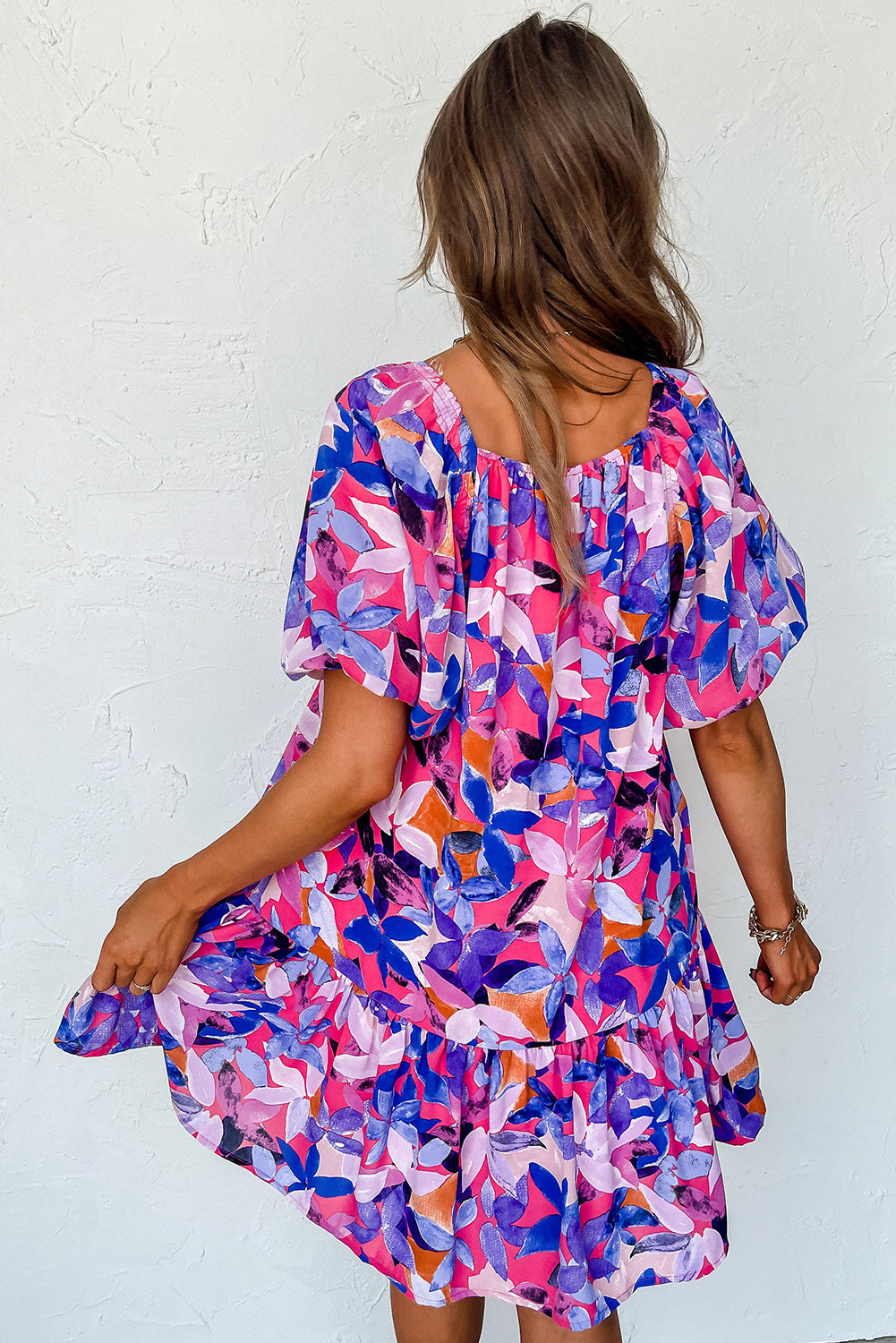 Purple Flower Print Short Puff Sleeve Ruffled Dress