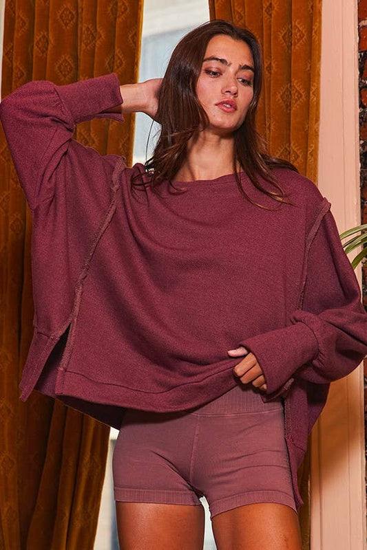 Raw Edge Detail Hi-Low Hem Solid Terry Top: Burgundy / S-M-L