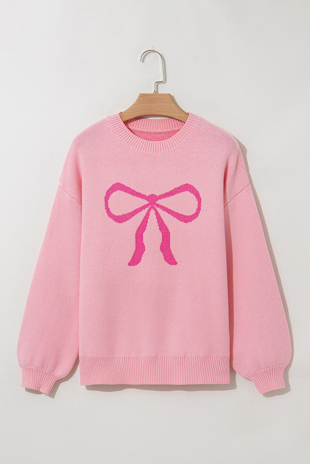 Pink Bow Graphic Drop Shoulder Round Neck Sweater