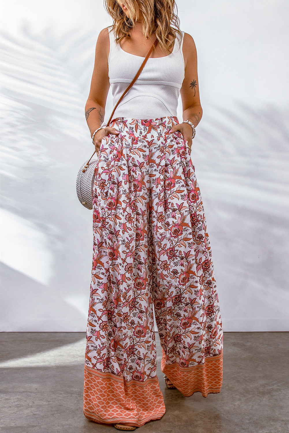 Fiery Red Floral Print Shirred High Waist Wide Leg Pants