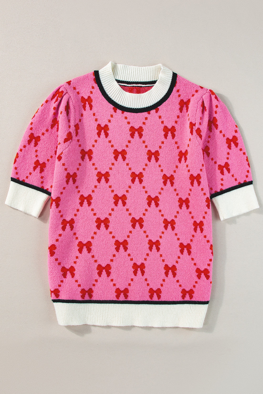 Pink Bow Print Short Sleeve Sweater top